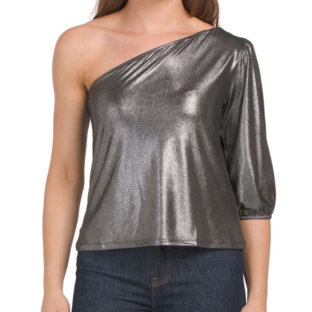 NWOT Kim & Cami Grey Metallic One Puff Sleeve Asymmetrical Top Size XL